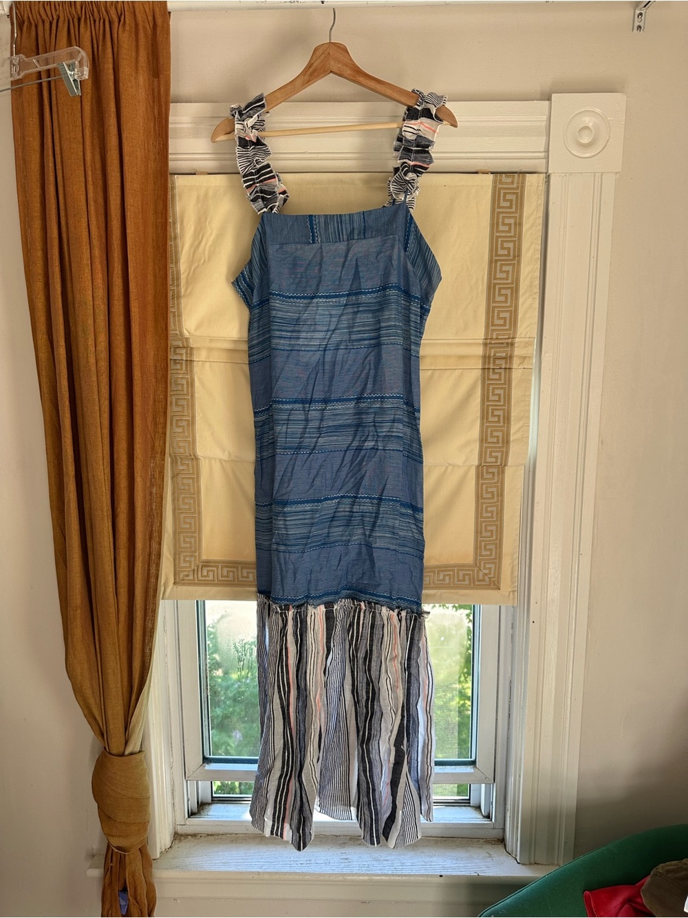 LemLem size M EUC Blue Striped Ruffle-Strap Midi Dress with Fringe Hem